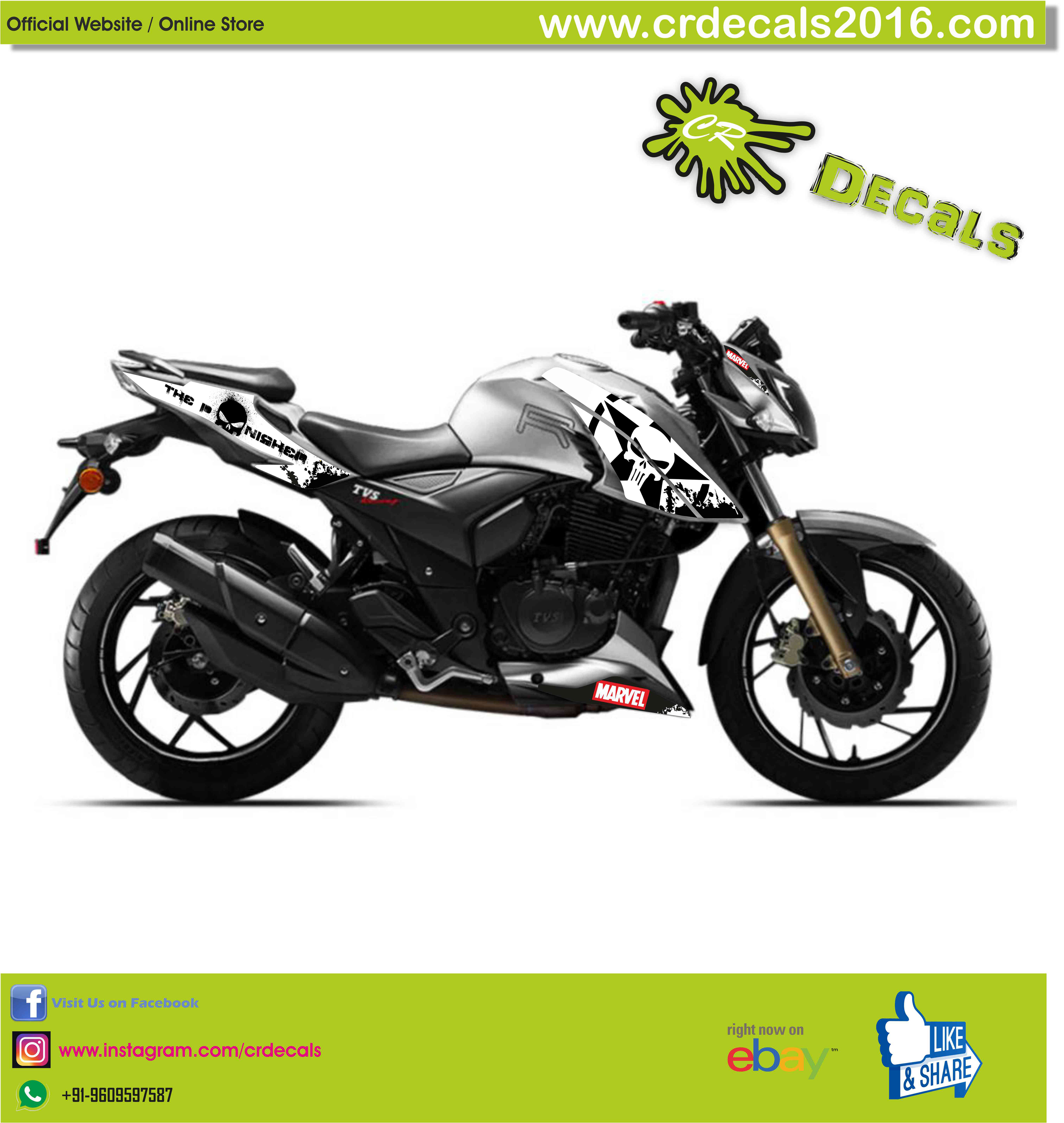 Tvs Apache Rtr 0 160 4v Custom Decals Wrap Stickers Punisher Skull Edition Kit Cr Decals Designs